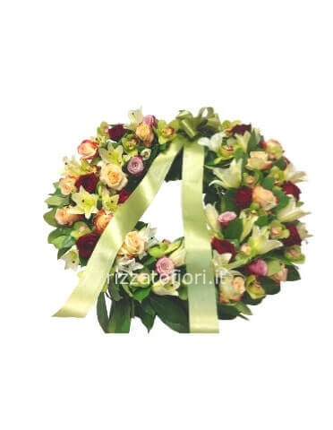 Corona funebre tonalità verde/rosa o rossa misura 80 cm